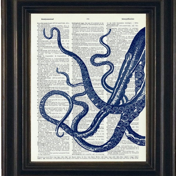 Octopus Prints, Octopus Art, Dictionary Art Print Sea Life Octopus, Dictionary Art Book Page Print Upcycle  Bathroom print