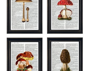 Dictionary Prints, Set of Mushroom Prints, Mushroom Art Prints, Set of 4 Mushroom Prints, Mushroom Dictionary Prints