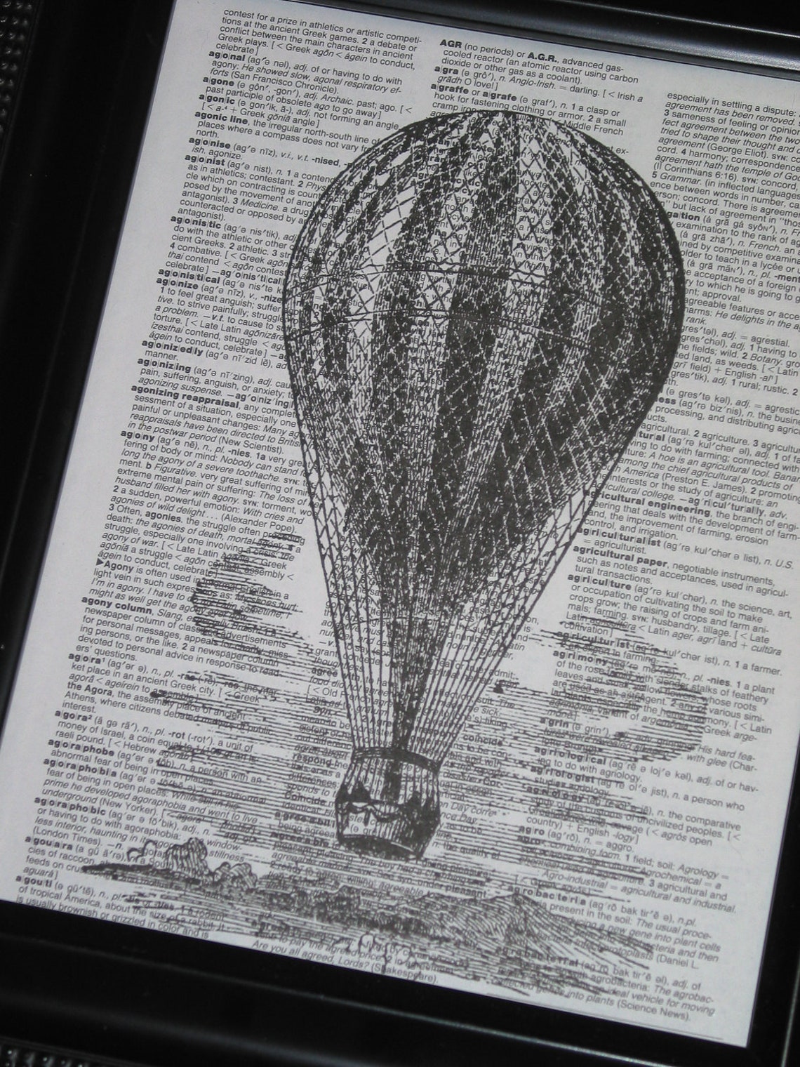Balloon Art Print, Dictionary Art Print Hot Air Balloon With Landscape ...
