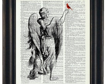 Cardinal With Angel Art Print Dictionary HHP Original Book Page Print Upcycle Wall Art Book Art Vintage  Dictionary Page