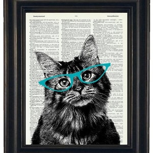 Cat Print, Cat Art Print, Dictionary Print Cat with Teal Glasses Dictionary Art HHP Original