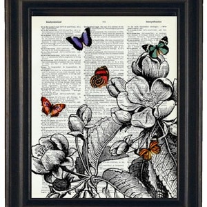 Dictionary Art Print Flowers and Butterflies A HHP Original with Signature Butterflies Original Design Wall Art Print