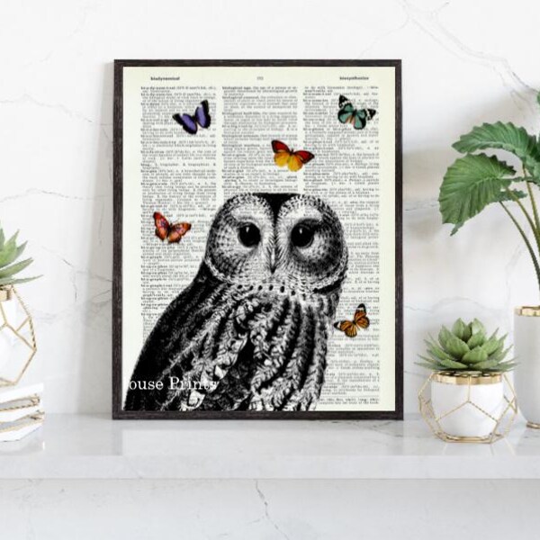 Owl Prints, HHP Original Art, Owl Dictionary Print, Owl with Butterflies Print, Butterfly Prints