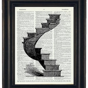 Steampunk Stairs Upcycled Dictionary Art Print No Where to Go but UP Print on a Vintage Dictionary Book Page