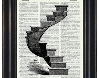 Steampunk Stairs Upcycled Dictionary Art Print No Where to Go but UP Print on a Vintage Dictionary Book Page