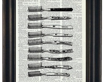 Tooth Brush  Print  Print Dictionary Page Art  Upcycled Wall Art Bathroom Art Print