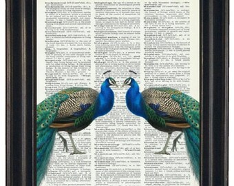 May include: Two peacocks facing each other with their tails spread out. The peacocks are printed on a vintage dictionary page with the text "biological warfare" visible.