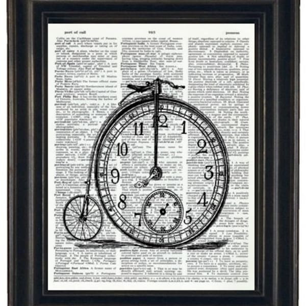 Bicycle Print Steampunk Upcycled Book Page Steampunk Bicycle Clock on Vintage Dictionary Page Print