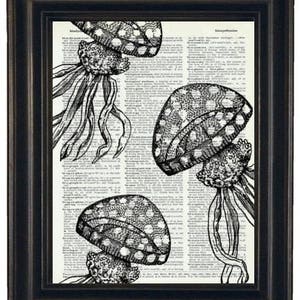 May include: Black and white illustration of three jellyfish with dotted patterns on a vintage dictionary page. The text on the page includes the word "hypothetical".