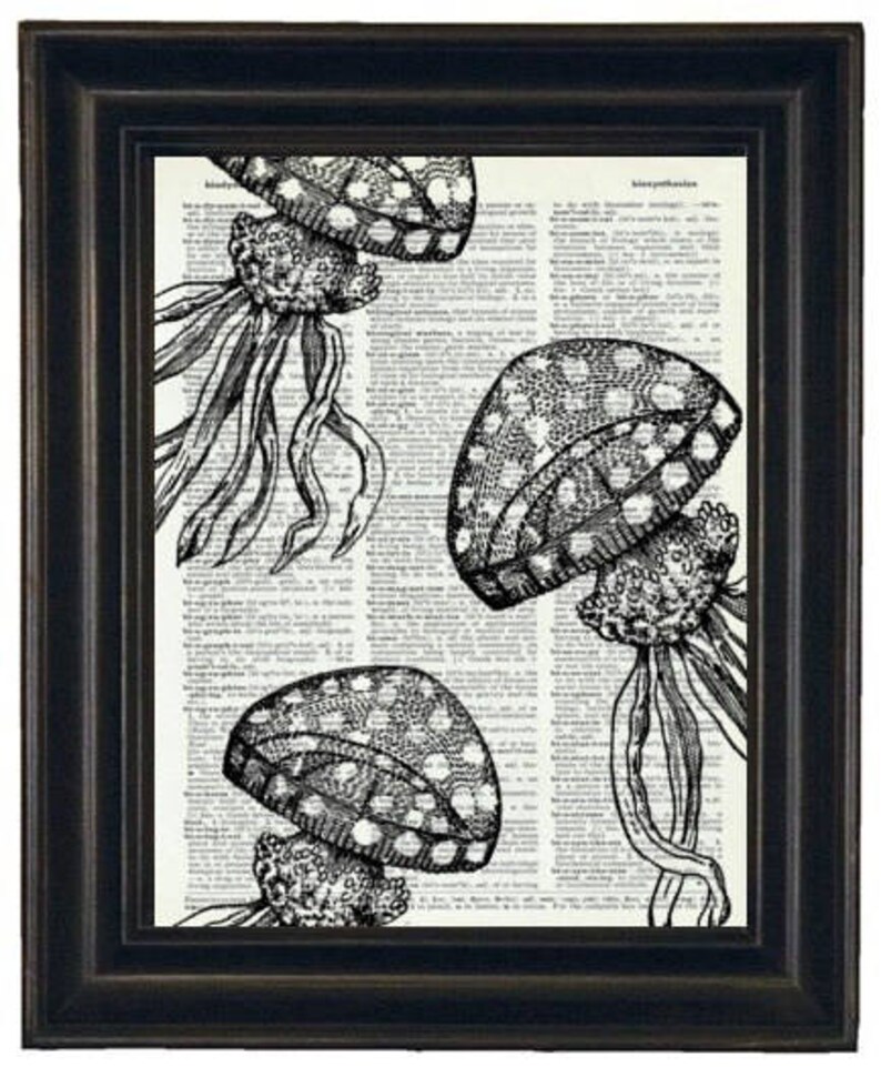May include: Black and white illustration of three jellyfish with dotted patterns on a vintage dictionary page. The text on the page includes the word "hypothetical".