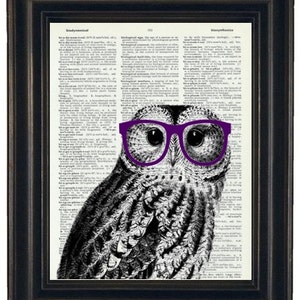 Owl Print Owl with Glasses Owl Art Print Owl Decor Owl Head Dictionary Book Page Print HHP Original Owl with Black Glasses image 3