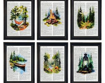 May include: Set of six framed watercolor illustrations depicting various camping scenes. The illustrations feature a hammock, a campfire, a tent, a canoe, a deer, and a lantern. Each illustration is set against a background of a vintage book page.