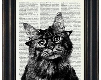 Cat Print Art Upcycled Art Dictionary Page Print Cat with Black Glasses Dictionary Art HHP Original