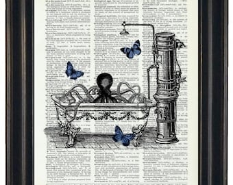 Bathroom Print, Octopus Bath Prints, Octopus Bath with Butterflies, Octopus in Bathtub, HHP Original, Octopus Print, Octopus Wall Art