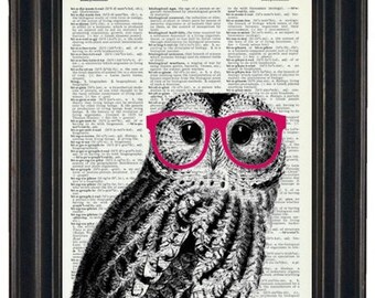 Owl Print Owl with Glasses Owl Art Print Owl Decor Owl Head Dictionary Book Page Print HHP Original Owl with Pink Glasses