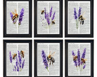 Dictionary Prints, Lavender and Bees Prints, Lavendar Prints, Flower Prints, Set of 6 Flower Prints, Botanical Prints