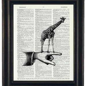 A HHP Original Design of a Hand Holding a Giraffe Print on a Vintage Dictionary Book Page 8 x 10