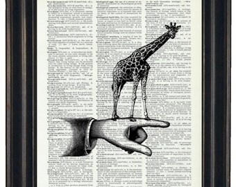 A HHP Original Design of a Hand Holding a Giraffe Print on a Vintage Dictionary Book Page 8 x 10