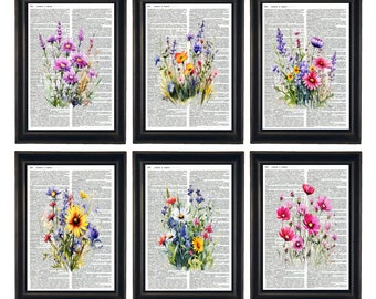 Dictionary Prints, Set of Flower Prints, Flower Art, Dictionary Artwork, Botanical Prints, Set of 6 Botanical Prints, Wildflowers Prints