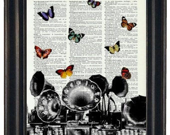 Sale Record Player with Butterflies  Dictionary Art Print with A HHP Original with HHP Signature Butterflies  Dictionary Prints