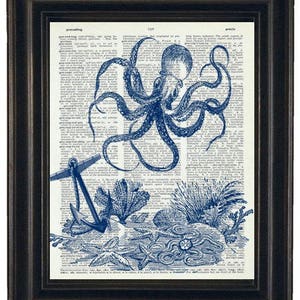 May include: Blue and white illustration of an octopus with tentacles reaching out, surrounded by sea life including an anchor, starfish, and coral. The illustration is printed on a vintage dictionary page.