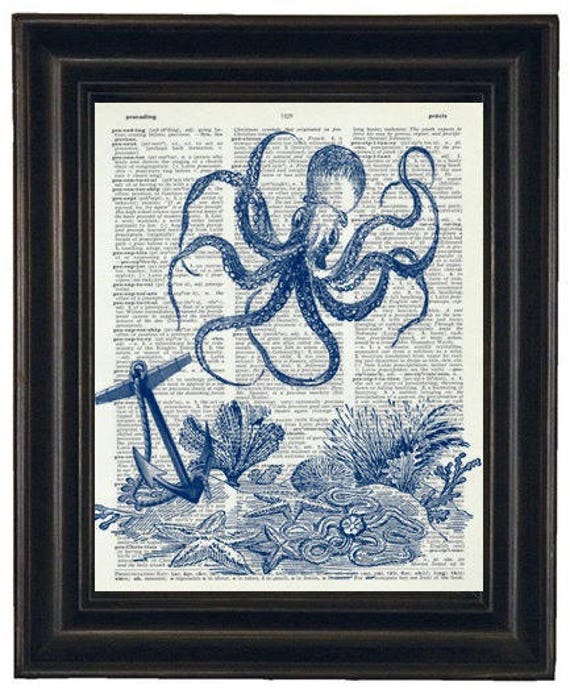 Sea Life Art Print Ocean Art Print Dictionary Art Print Octopus Print Upcycled Wall Art A HHP Original Design 8 x 10 Blue