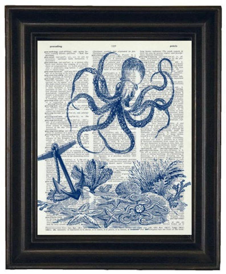 May include: Blue and white illustration of an octopus with tentacles reaching out, surrounded by sea life including an anchor, starfish, and coral. The illustration is printed on a vintage dictionary page.