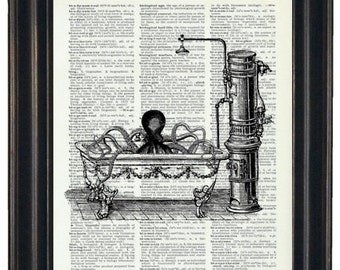 Steampunk Octopus Bathtub Bathroom Print Vintage Dictionary Book Art Page Print Octopus in Bathtub Upcycled Picture Wall