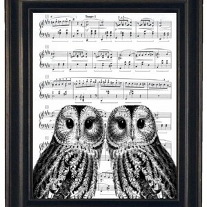 Owl Art Print Owl Decor Sheet Music Print or Dictionary Prints Wall Decor Art Book Page Two Owl Heads on Vintage Dictionary
