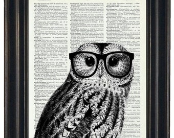 Owl Print Owl with Glasses Owl Art Print Owl Decor Owl Head Dictionary Book Page Print HHP Original Owl with Black Glasses