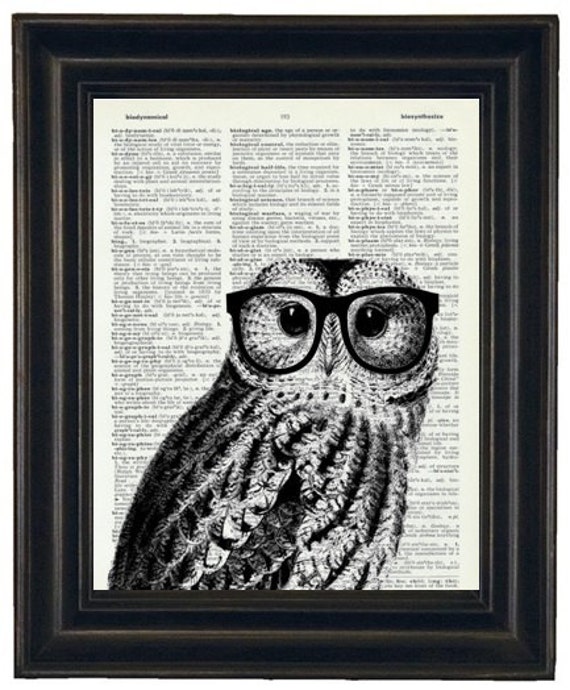 Owl Print Owl with Glasses Owl Art Print Owl Decor Owl Head Dictionary Book Page Print HHP Original Owl with Black Glasses