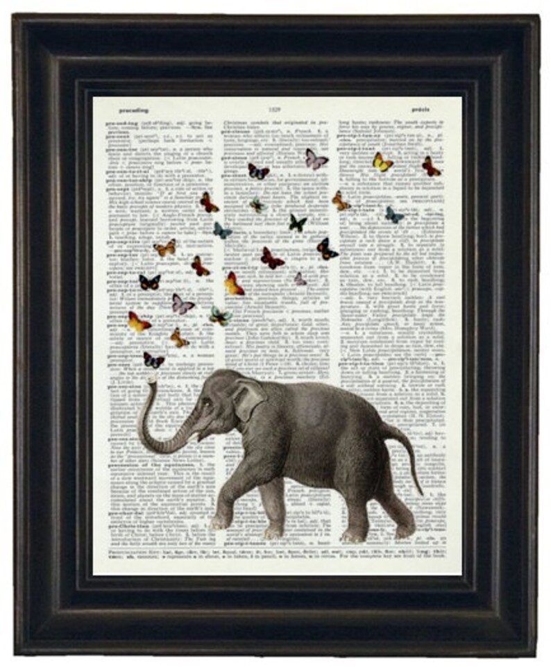 Dictionary Art Print ELEPHANT Art A HHP Original Design Ellie the Elephant with her Butterflies Print on a Dictionary image 1