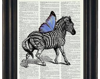 Upcycled  Dictionary Book Print  Zebra with Blue Wings on Vintage Dictionary Page 8 x 10