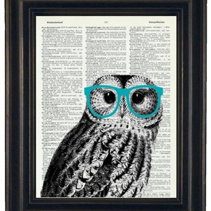 Owl Print Owl with Glasses Owl Art Print Owl Decor Owl Head Dictionary Book Page Print HHP Original Owl with Teal Glasses