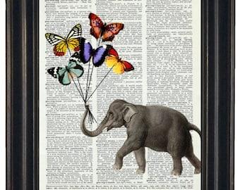 Elephant Butterfly Print Elephant With Butterfly Balloons Dictionary Art Dictionary Print HHP Original Concept and Design
