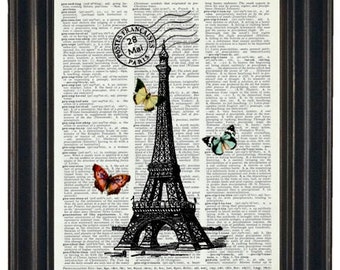 Paris and Butterflies Dictionary Art, Print Eiffel Tower and Butterflies Print, HHP Original, Paris Art, Paris Print