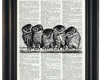 Owls on Branch Dictionary Art Print Wall Art Print Upcycled Owl Dictionary Print