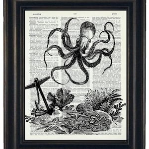 May include: Black and white illustration of an octopus with an anchor and sea life on a vintage dictionary page. The octopus has eight tentacles and is surrounded by starfish, seaweed, and coral.