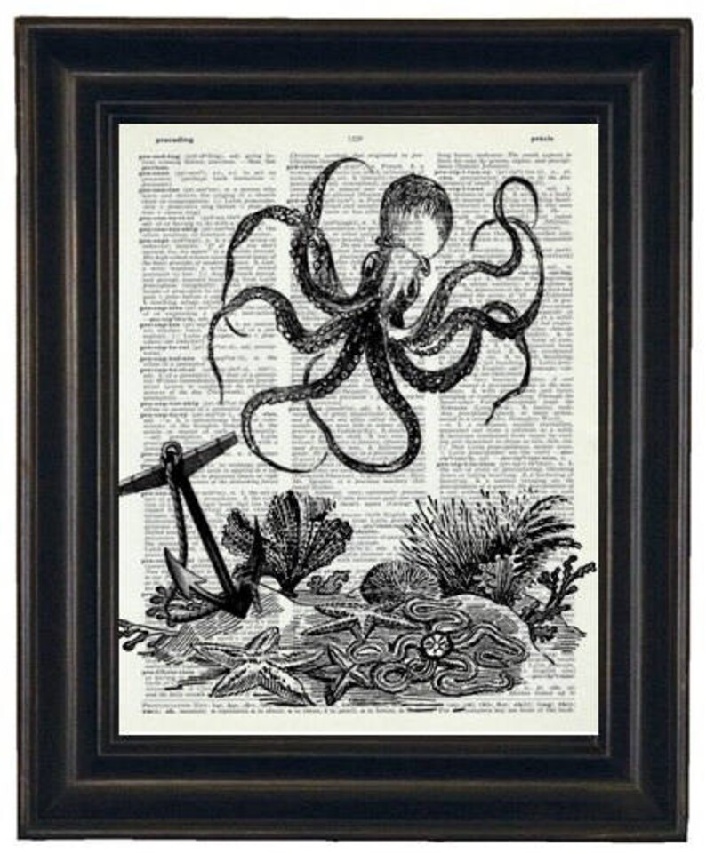 May include: Black and white illustration of an octopus with an anchor and sea life on a vintage dictionary page. The octopus has eight tentacles and is surrounded by starfish, seaweed, and coral.