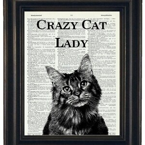 Cat Print, Cat Wall Art,  Art Upcycled Art Dictionary Page Print Crazy Cat Lady, Dictionary Art HHP Original