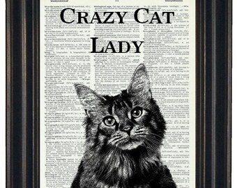 Cat Print, Cat Wall Art,  Art Upcycled Art Dictionary Page Print Crazy Cat Lady, Dictionary Art HHP Original