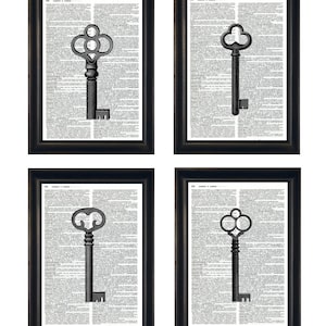 Set of Key Themed Prints, Steampunk Themed Prints, Skeleton Key Art Prints, Skeleton Key Dictionary Prints, 6.25&quot; x 9.5&quot;