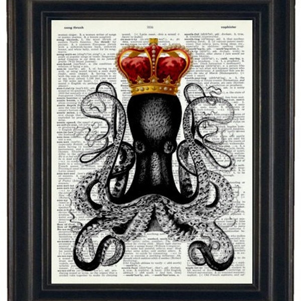 OCTOPUS Print Octopus with Crown Print Dictionary Art Print Octopus Art Print Upcycled Dictionary Print  HHP Original