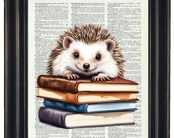 Hedgehog Dictionary Print, Hedgehog with Books Print, Bookworm Prints, Literary Prints, Literary Gift, Cat Print, Hedgehog Theme Prints