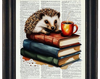 Hedgehog Dictionary Print, Hedgehog with Books Print, Bookworm Prints, Literary Prints, Literary Gift, Cat Print, Hedgehog Theme Prints