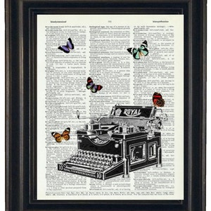 Typewriter with Butterflies  Dictionary Art Print with A HHP Original with HHP Signature Butterflies  Dictionary Prints