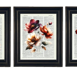 Botanical Set of Three, Botanical Art Dictionary Prints, Botanical Print Set, Botanical Art Prints Set, Abstract Flower Prints, Flower Print
