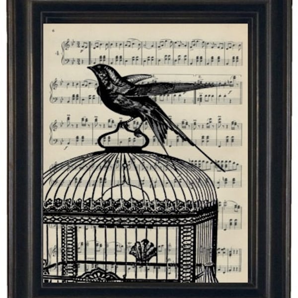 Music Page Print Bird and Cage Dictionary Art Print Vintage Dictionary Book Art Page Upcycled