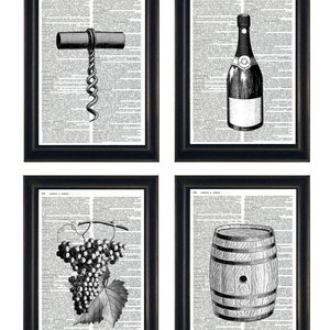 May include: Set of four framed black and white prints featuring wine-related imagery. Includes a corkscrew, champagne bottle, grapes, and a wooden barrel, all set against a vintage dictionary page background.