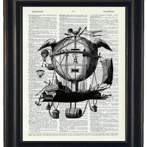 May include: A black and white illustration of a steampunk airship with a globe-shaped body, wings, and a propeller. The airship is depicted against a background of a vintage dictionary page.